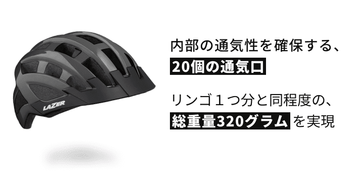 内部の通気性を確保する、20個の通気口　リンゴ１つ分と同程度の、総重量320グラムを実現